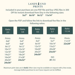 Puede incluir: Un archivo de impresi&oacute;n digital beige de Land's End Prints, que enumera varios tama&ntilde;os de impresi&oacute;n en cent&iacute;metros, incluyendo 13x18, 20x25, 23x30 y 28x36. El archivo incluye diferentes relaciones de aspecto y tama&ntilde;os de impresi&oacute;n.