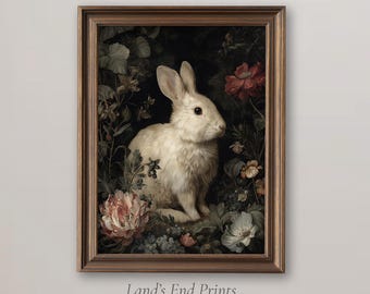 Retrato floral de conejo blanco, arte botánico vintage / 2512-13