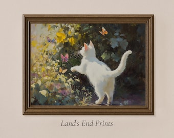 Lámina artística de gato estilo cottagecore: Escena de jardín vintage (descarga digital) / 2501-12