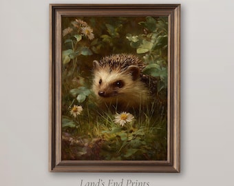 Erizo de bosque vintage entre flores silvestres, arte rústico de animales del bosque / 2512-9