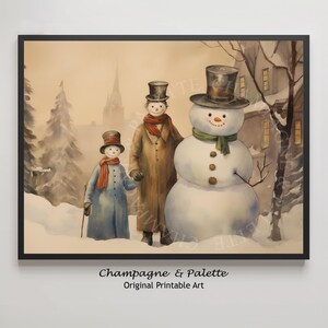 Impression d'art famille bonhomme de neige Décoration murale des fêtes de l'époque victorienne Peinture de Noël victorienne Oeuvre d'art imprimable originale | Champagne et palette 2412-1
