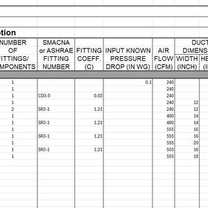 May include: A detailed spreadsheet titled "Project" with project number "2608XXX.00". The table lists duct fitting components, duct length, and dimensions in inches, including width, height, and diameter. The document also includes air flow and pressure drop data.