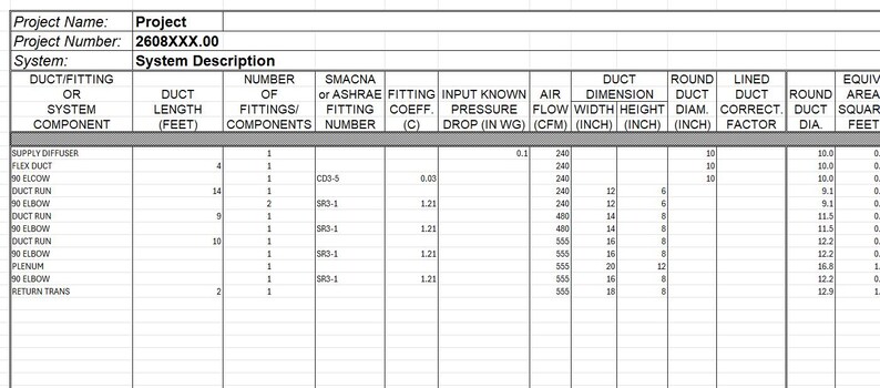 May include: A detailed spreadsheet titled "Project" with project number "2608XXX.00". The table lists duct fitting components, duct length, and dimensions in inches, including width, height, and diameter. The document also includes air flow and pressure drop data.