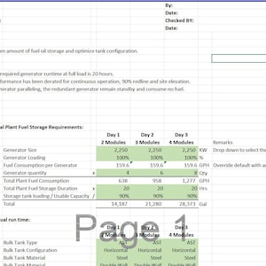 May include: A detailed spreadsheet outlining fuel oil storage calculations. The document includes design criteria, references, and calculations. Key data points include generator size, fuel consumption, and storage duration, with values in gallons.