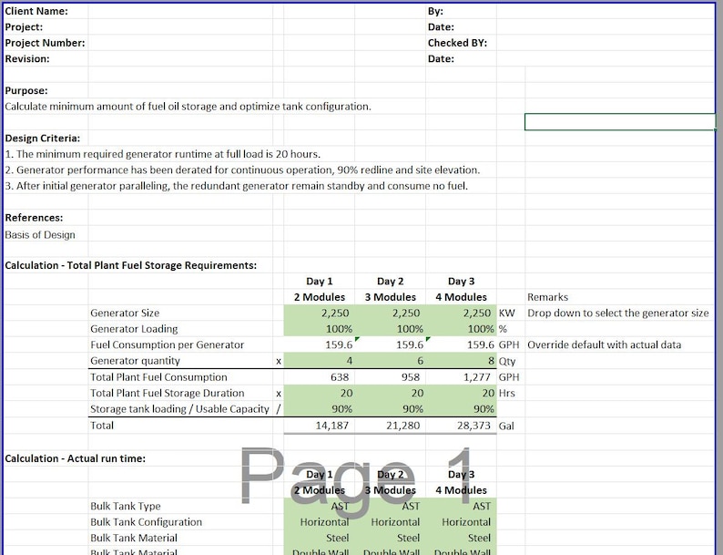 May include: A detailed spreadsheet outlining fuel oil storage calculations. The document includes design criteria, references, and calculations. Key data points include generator size, fuel consumption, and storage duration, with values in gallons.