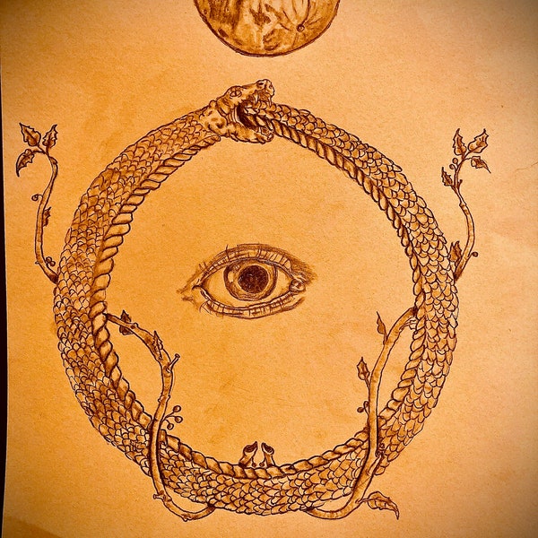 ouroborus, moon, eye, macabre drawing, pagan style, serpent art