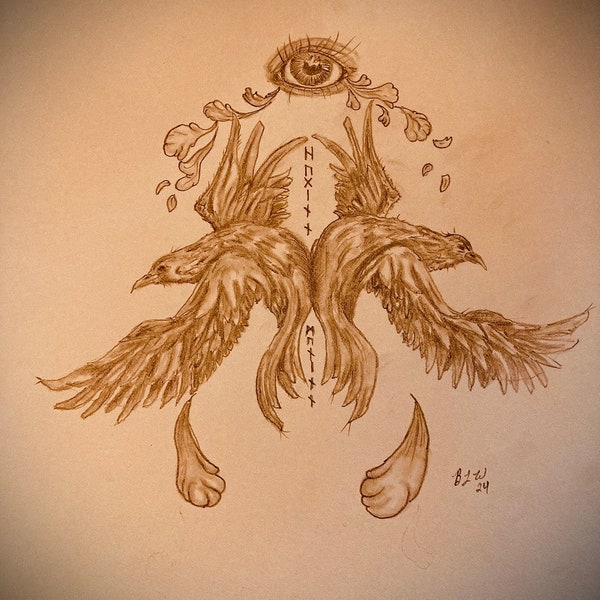 Odin’s Crows, Hugin, and Munin, hand drawn. crow drawing, Nordic sketch, Viking art. Germanic drawing, digital download
