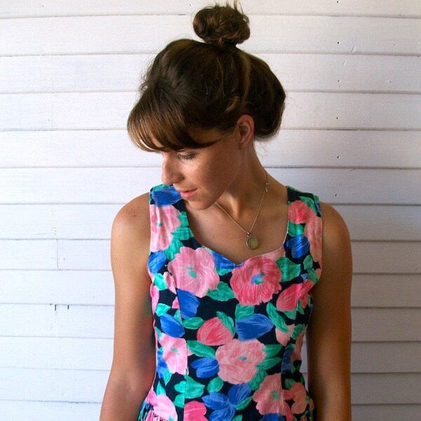 SALE...vintage 1980s Brass Plum Floral Mini Dress- Sz. Small