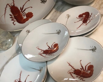 Vintage Japanese Prawn Porcelain Dish Set - YY EBI Style