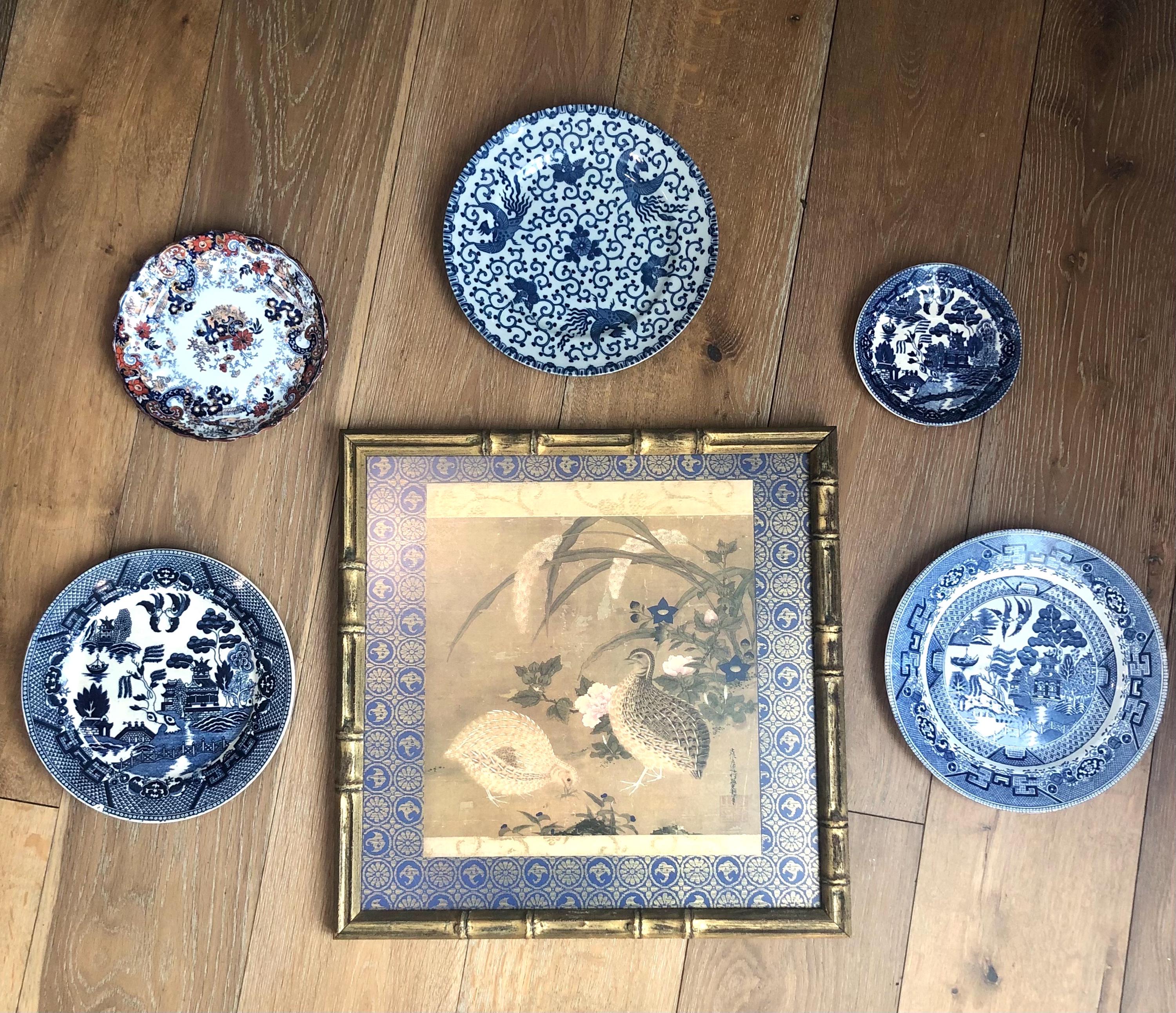 Instant Vintage Blue & White Japanese inspired Chinoiserie Decorative Wall - S/5 Plates + 1 Framed Tosa Mitsuoki “Quails and Flowers” Print