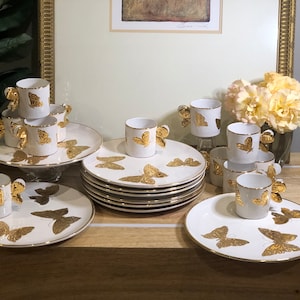 Vintage Carole Stupell Italian White Pottery Plates Cups Set with Gold  Butterfly Accents Set of