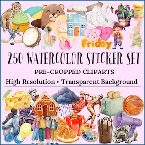 May include: A collection of watercolor clip art stickers on a pink background. The image includes various illustrations such as animals, food, and people. Text reads "250 Watercolor Sticker Set" with details about the set.