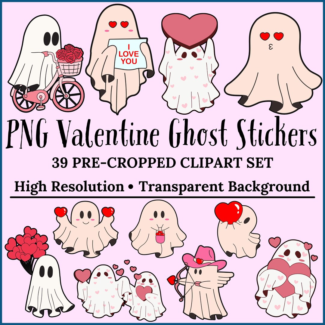 Valentine Ghost 39 Stickers | Love PNG Clipart Set | Romantic Halloween ...