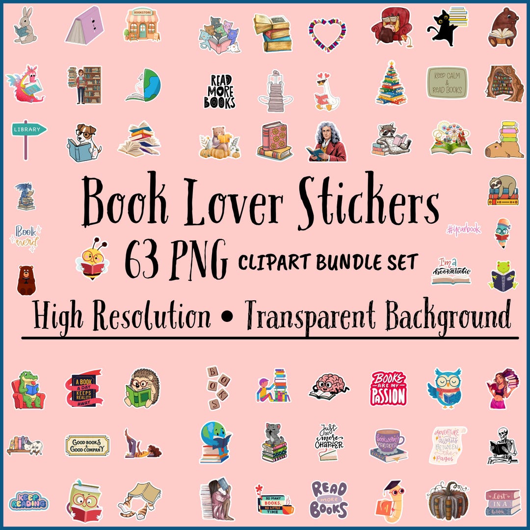 63 PNG Book Lover Stickers | Bookish Reading Clipart Bundle | Digital ...