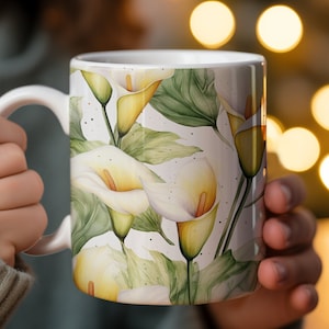 Elegant Calla Lily Floral Mug, Symmetrical Design, White and Green Botanical Coffee Cup, Artistic Home Decor, Unique Gift for Plant Lovers