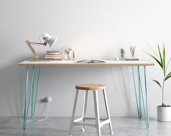 SCANDI Scandinavian Style White Laminate Birch Plywood Desk Complete With Hairpin Legs