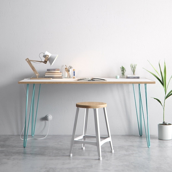 Amazing 'Greenwich' Scandinavian Style White Laminate Birch Plywood Desk Complete With Hairpin Legs
