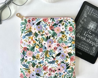 Quilted Kindle Sleeve in Rifle Paper Co. Fabric, Preppy Floral E-Reader Case with Riley Blake Swiss Dot Lining, Padded Reader Gift