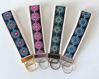 Woven Jacquard Wristlet Keychain, Fabric Key Fob Strap, Preppy Gift for Her