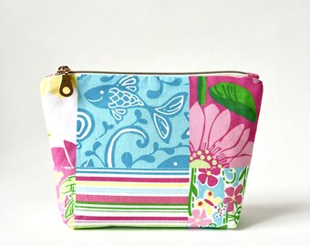 Patchwork Makeup Bag, Tropical Floral Cosmetic Pouch, Zipper Travel Toiletry Case