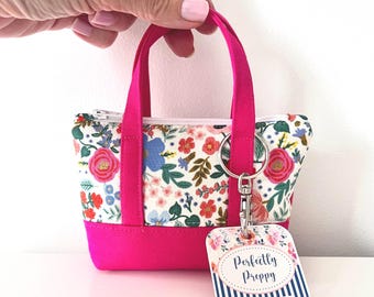 Pink Floral Mini Pouch, Rifle Paper Tiny Tote Bag, Clip On AirPods Coin Purse