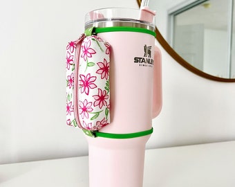 Pink Floral Tumbler Pouch, Palm Beach Water Bottle Bag, Key and Card Holder