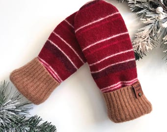 Recycled Wool Sweater Mittens Fleece Lined Upcycled Winter Gift