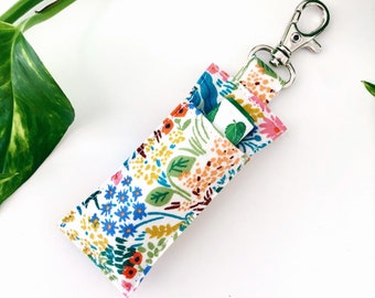 Floral Lip Balm Keychain, Rifle Paper Chapstick Holder, Clip On Keyring Bag Charm