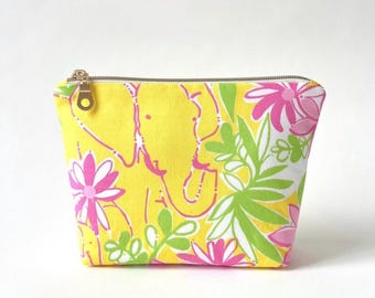 Yellow Elephant Makeup Bag, Pink Floral Cosmetic Pouch, Zipper Travel Toiletry Case