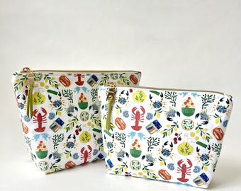 Tinned Fish Makeup Bag Set, Coastal Lobster Cosmetic Pouch, Mediterranean Travel Toiletry Bags, Large and Medium Zipper Organizer