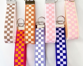Checkered Key Fob Wristlet, Colorful Checkerboard Keychain, Fabric Wrist Strap