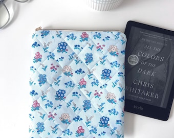 Quilted Kindle Sleeve in Liberty London Fabric, Preppy Floral E-Reader Case with Riley Blake Swiss Dot Lining, Padded Reader Gift