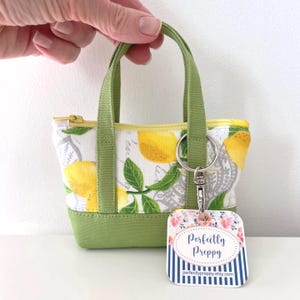 May include: A small green canvas tote bag with a zipper closure and lemon print. The bag has a keychain attached with a tag that reads "Perfectly Preppy" and a website address.