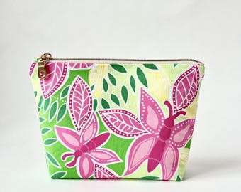Green Floral Cosmetic Pouch, Pink Butterfly Makeup Bag, Zipper Travel Toiletry Case