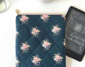Quilted Kindle Sleeve in Rifle Paper Co. Fabric, Preppy Floral E-Reader Case with Riley Blake Swiss Dot Lining, Padded Reader Gift