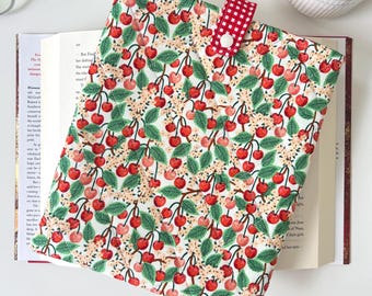 Cherry Quilted Book Sleeve in Rifle Paper Co Fabric, Preppy Padded Book Cover with Riley Blake Gingham Lining, Book Lover Gift