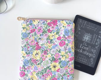 Quilted Kindle Sleeve in Liberty London Fabric, Preppy Floral E-Reader Case with Riley Blake Swiss Dot Lining, Padded Reader Gift