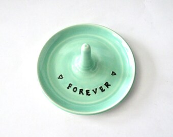 Keepsake Ring Dish,  Forever, Wheel Thrown, Hand Stamped, Clay Pottery, Spa green