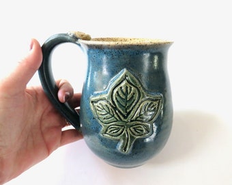 In Stock, Ready to Ship, Mug with Leaf Imprint, Speckled teal