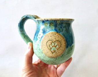 Small mug, Paw Print mug, blue and green cup