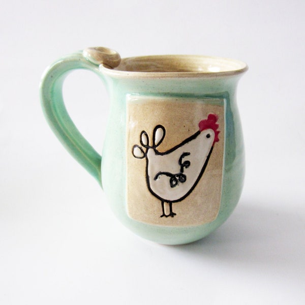 Chicken hen mug, Green and Oatmeal glazes