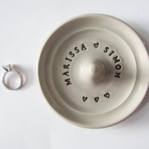 Engagement ring holder, personalized ring dish, customized wedding gift, imprinted clay taupe