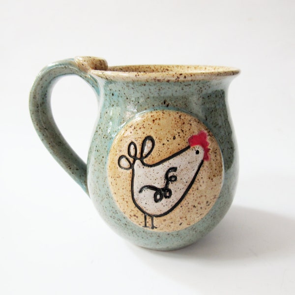 Chicken mug, Impressed clay, Speckled Blue and Oatmeal glazes