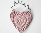 Pink Heart Ornament - one ceramic clay heart - handmade, ready to mail