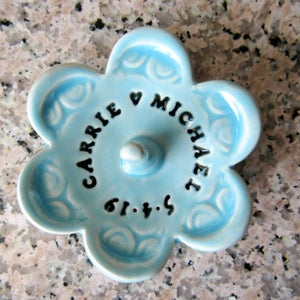 Ring Dish Stamped with Your Personalized Custom Message, Handmade Ceramic Pottery light blue