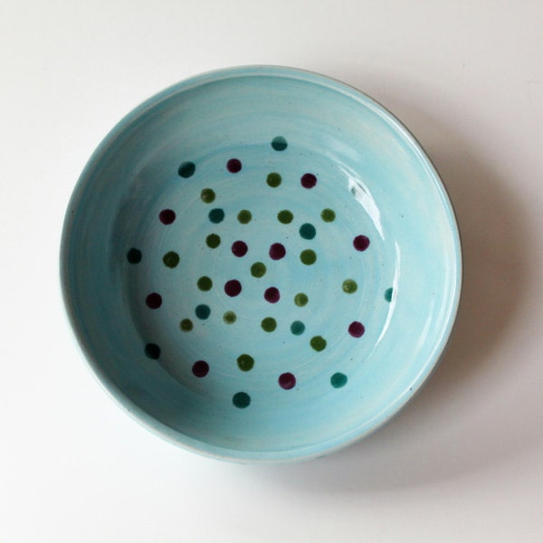 Ready to Ship, Polka Dot Bowl, Soft Blue Pottery Dish, Food Serving Dish, Candy Dish or Pet Food Bowl - Handmade