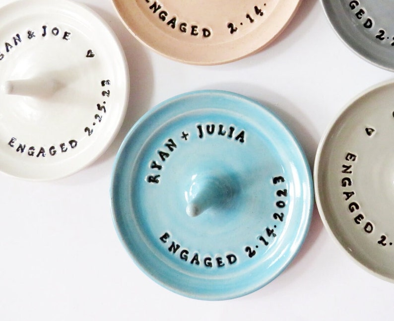 Custom Stamped Clay Engagement Ring Holder, Personalized Ring Dish, Wheel Thrown, Clay Pottery, Made to Order, Bespoke gift light blue