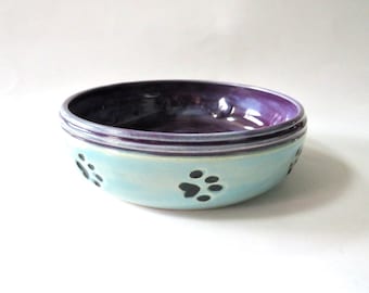 Pet food dish, cat or dog bowl,  blue and purple, colorful glazes, holds 14 oz, ready to ship