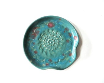 SMALL Spoon Rest, for stove or coffee bar, blue green, wheel thrown Pottery