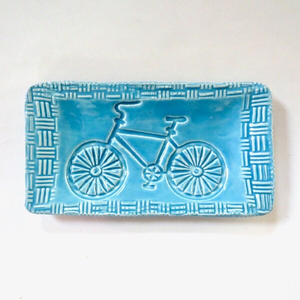 Rectangular spoon rest, trinket dish, Bicycle stamp, sky blue